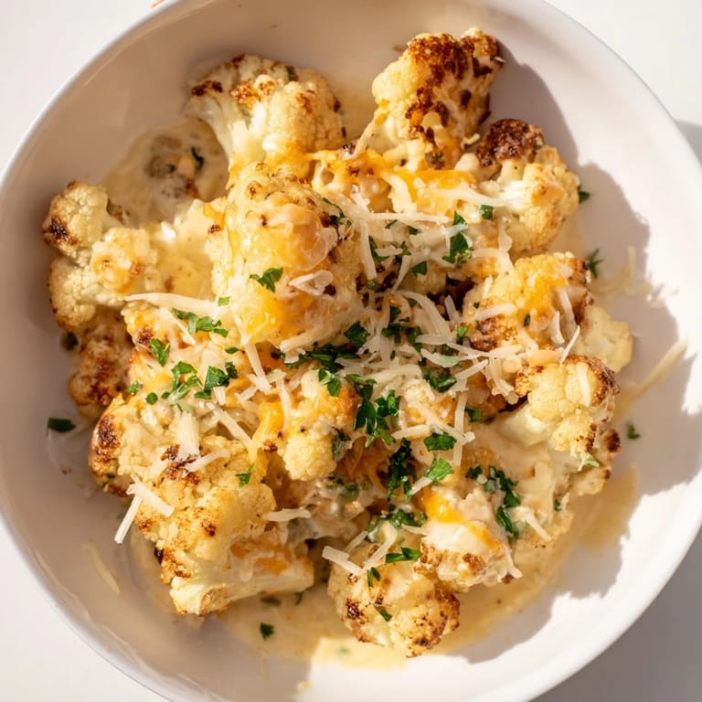 A close-up of creamy, cheesy Cheesy Cauliflower Mac with perfectly melted cheese and hints of parsley.