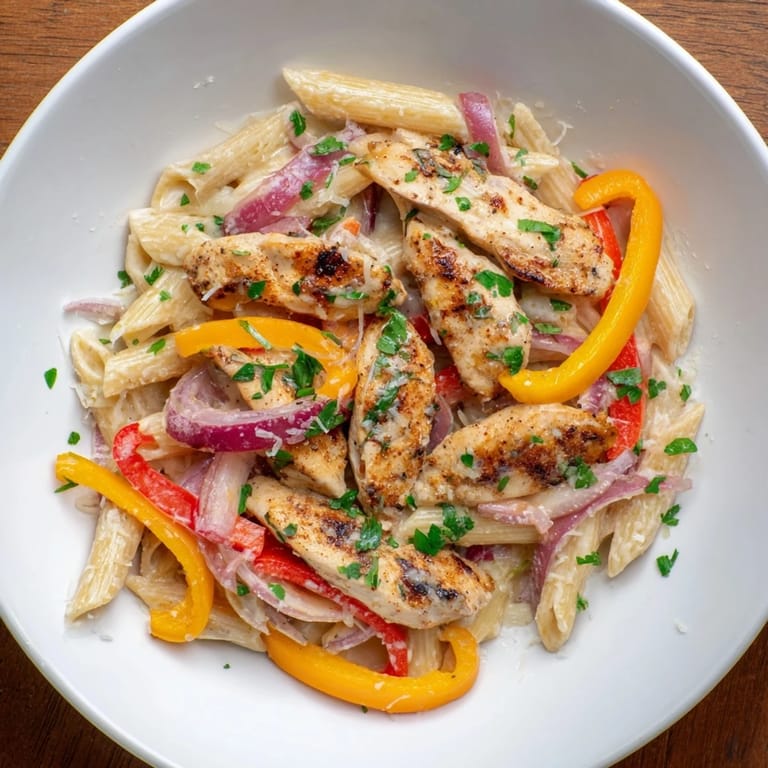 A vibrant bowl of Cajun Chicken Pasta, with penne coated in a rich, cheesy sauce.