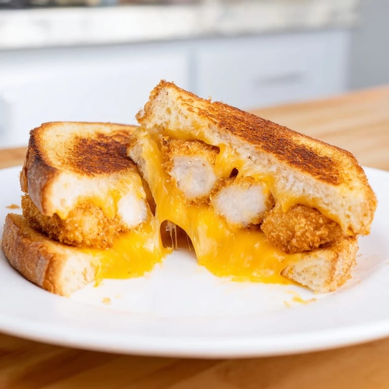 Melted cheese surrounds warm, delicious chicken nuggets in this easy Chicken Nugget Grilled Cheese.