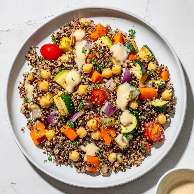 This quinoa power salad showcases a mix of roasted veggies and creamy dressing, ready to eat.