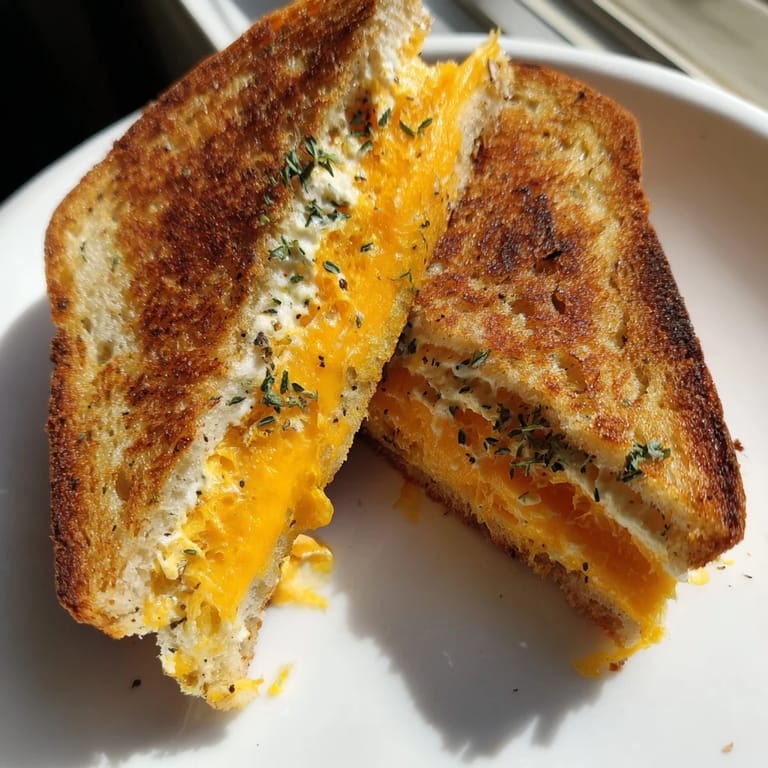 A close-up of a perfectly grilled Garlic Butter Mayo Grilled Cheese, showcasing its melted cheesy interior.