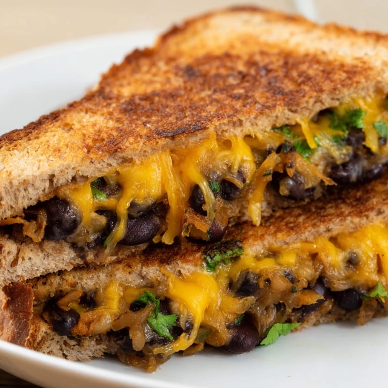 Gooey, cheesy Black Bean Grilled Cheese, piled high, ready to be sliced and served hot.