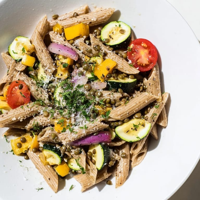 A close-up of the delicious lentil pasta with vegetables, showcasing roasted bell peppers and zucchini.