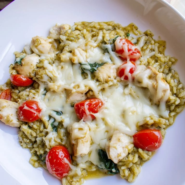 Close-up of a bubbling Chicken Pesto Rice Bake with tomatoes; a savory, easy weeknight meal.