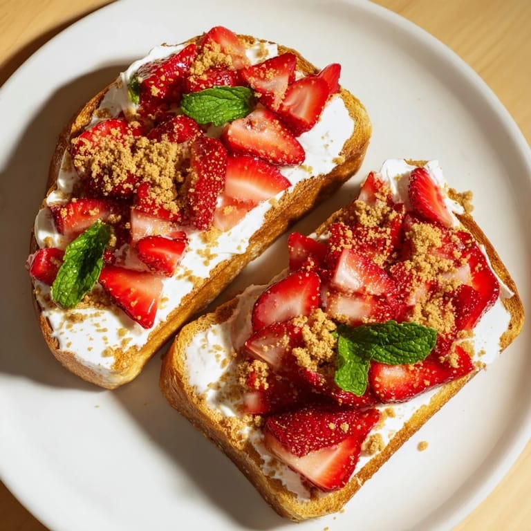 Golden toasted bread loaded with vibrant red strawberries on delicious Strawberry Cheesecake Toast.