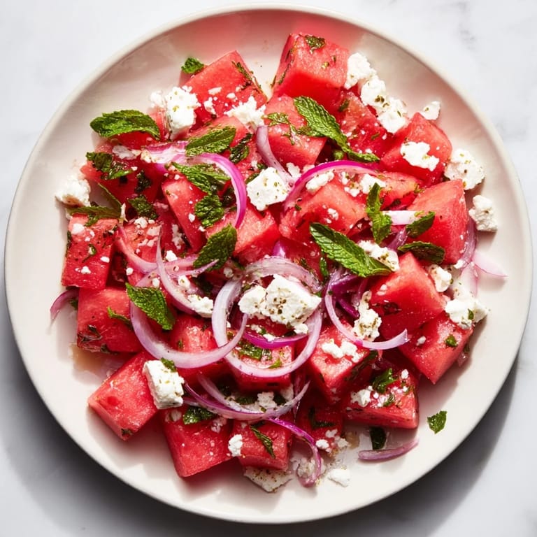 Close-up of Watermelon Feta Salad; a light, colorful summer salad with fresh ingredients.