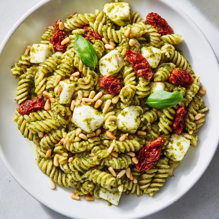 Close-up of colorful Pesto Pasta Salad with pasta twists and fresh basil, ready for summer.