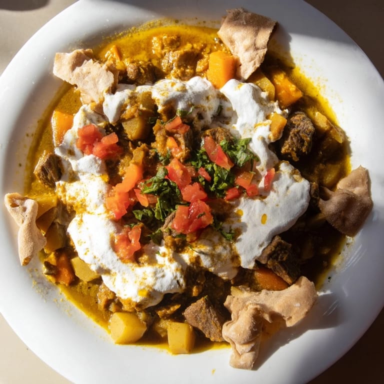 Rich aroma of Yemeni Saltah, a hearty stew, accompanies a thick layer of whipped fenugreek topping.