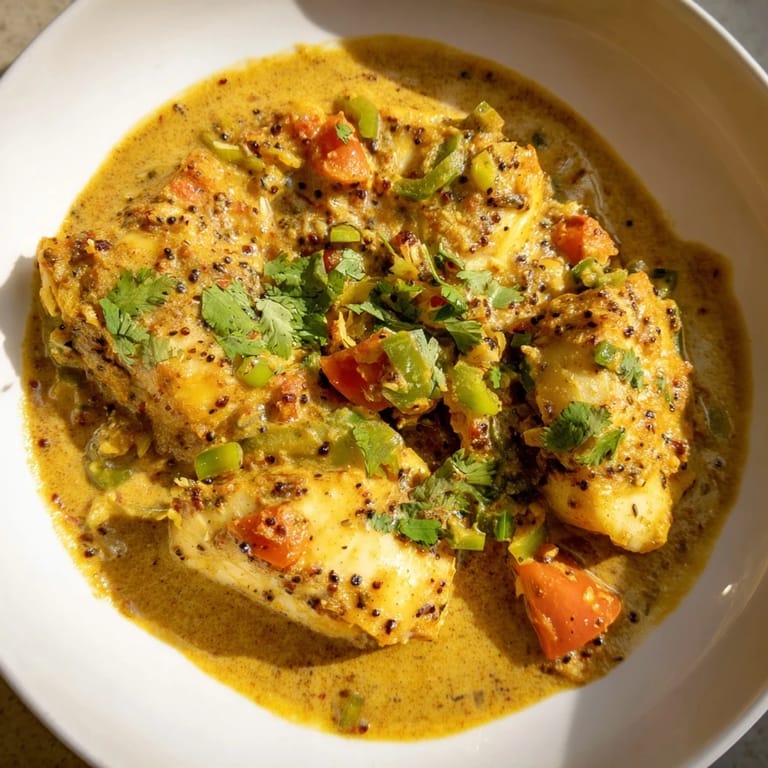 A steaming bowl of Bahraini Fish Curry, featuring chunks of fish in a flavorful, creamy coconut curry.
