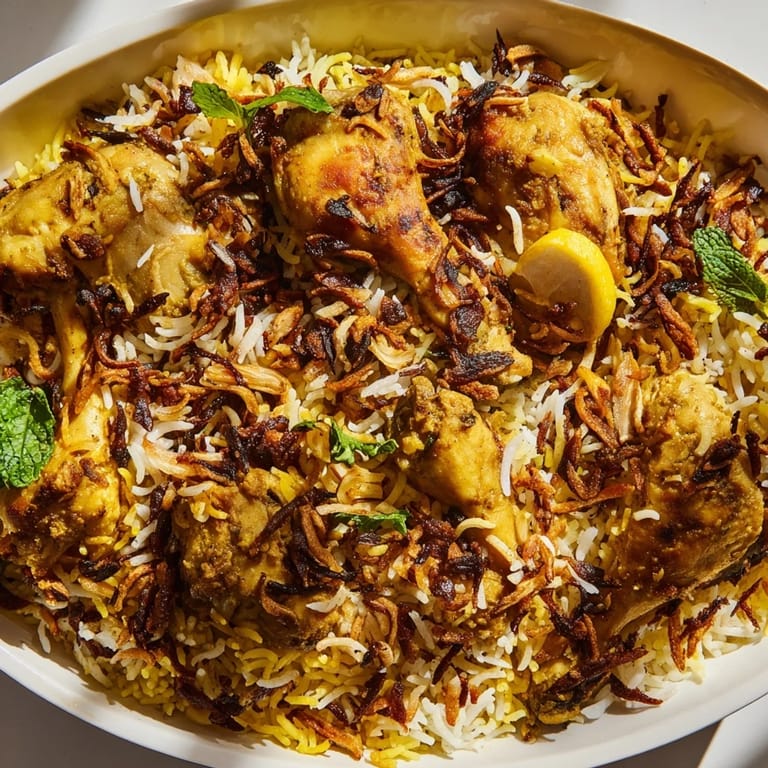 Golden basmati rice with tender meat and flavorful spices defines this Kuwaiti biryani dish.