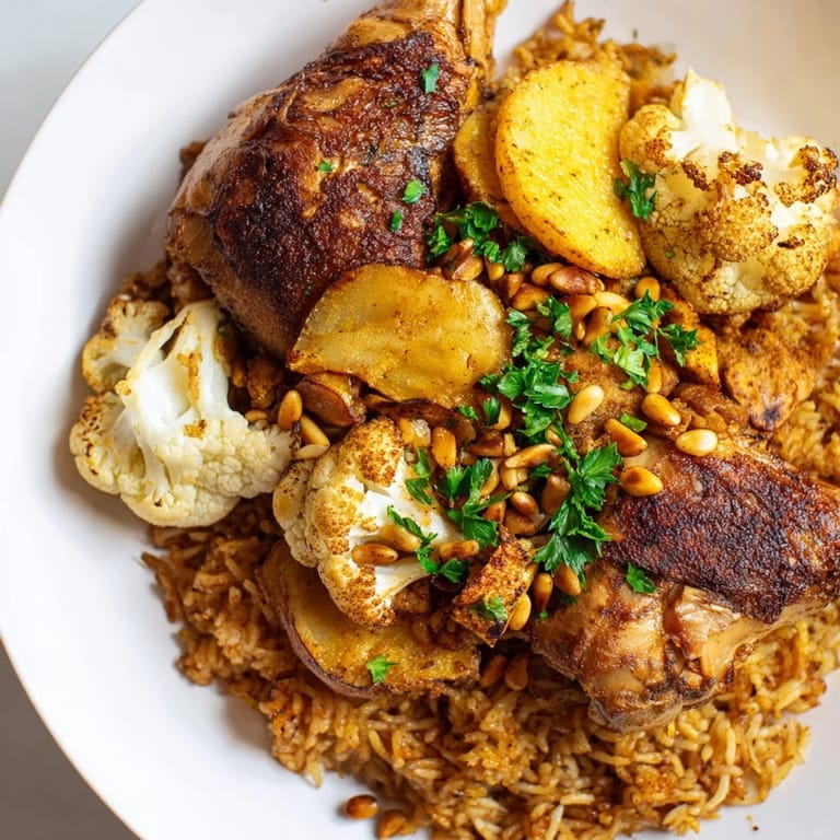 Imagine the dramatic flip revealing a beautifully layered Palestinian Maklouba, ready to be enjoyed.