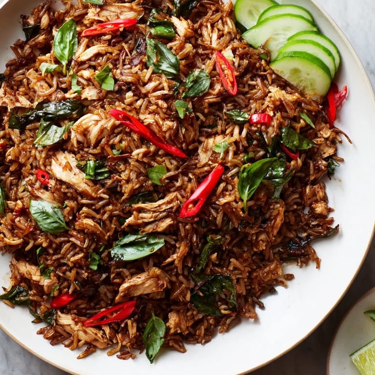 View of a delicious Thai Basil Chicken Fried Rice with tender chicken, offering savory aromas.