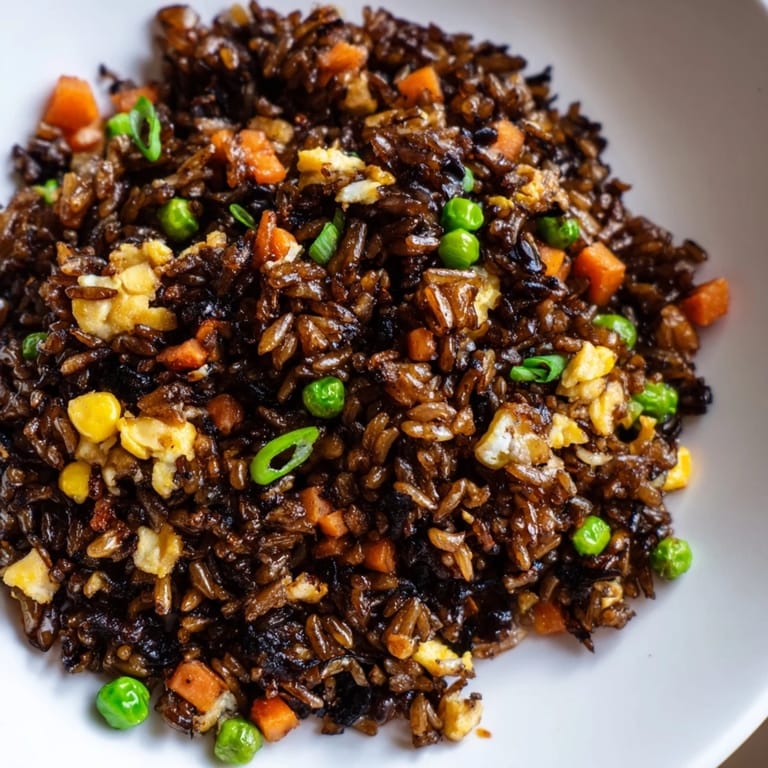 Mouthwatering image: golden-brown Black Garlic Fried Rice, aromatic with sesame oil and served piping hot.