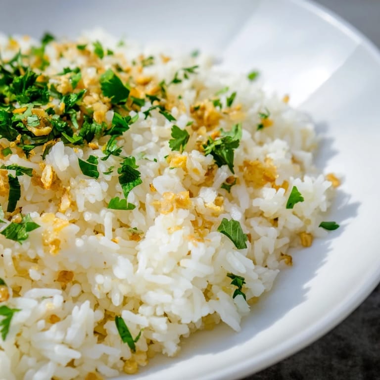 Steaming hot jasmine rice garlic, infused with savory garlic, ready to complement a flavorful stir-fry dinner.