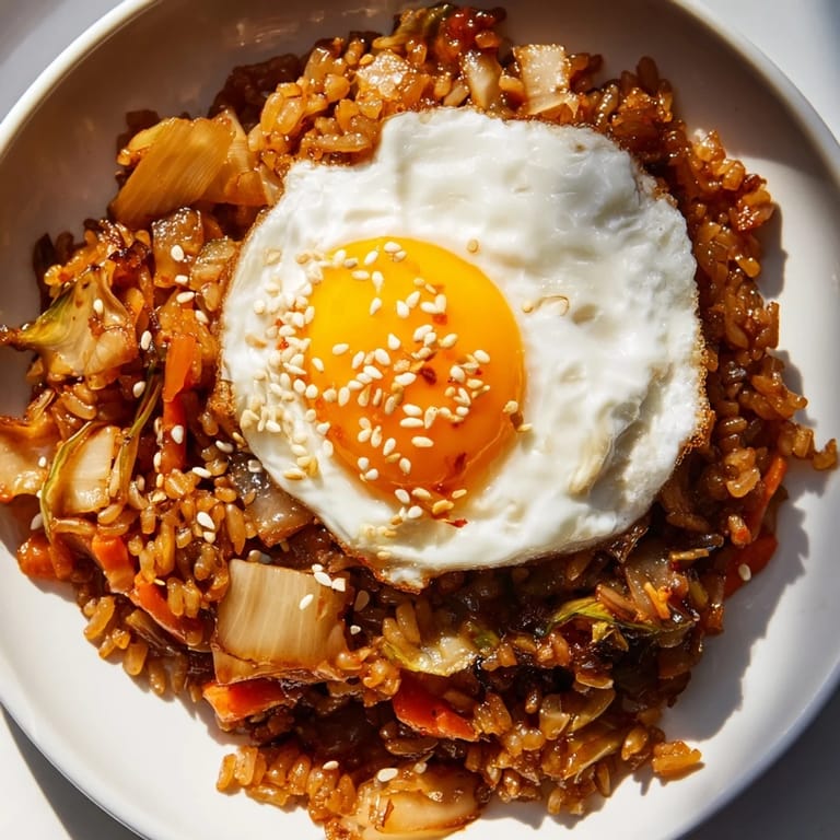 Enjoy savory kimchi fried rice, a quick and flavorful Korean comfort food dish.