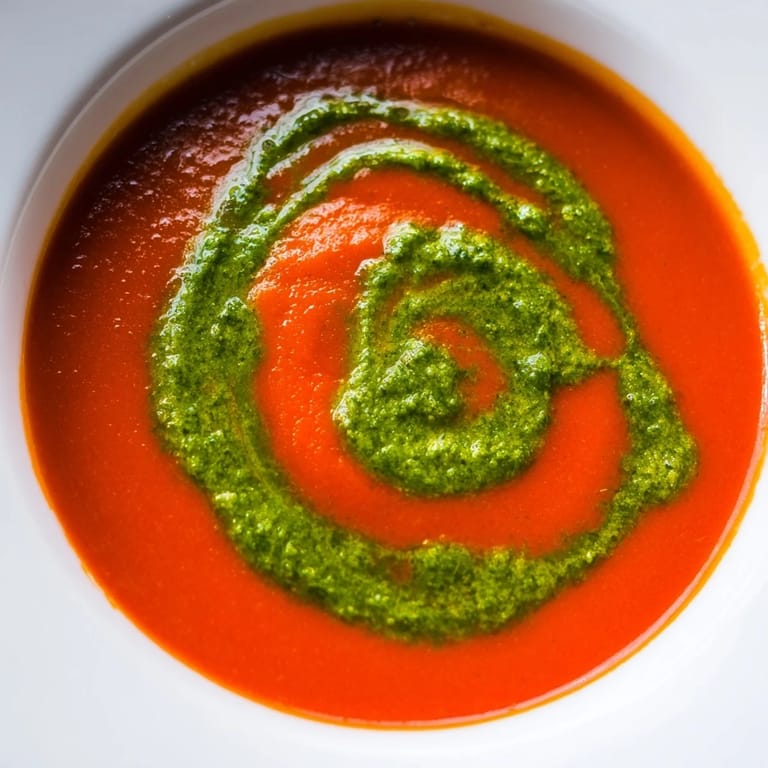 A comforting bowl of Tomato Soup with Basil Pesto Swirl, paired with crusty bread for dipping alongside fresh basil garnish.