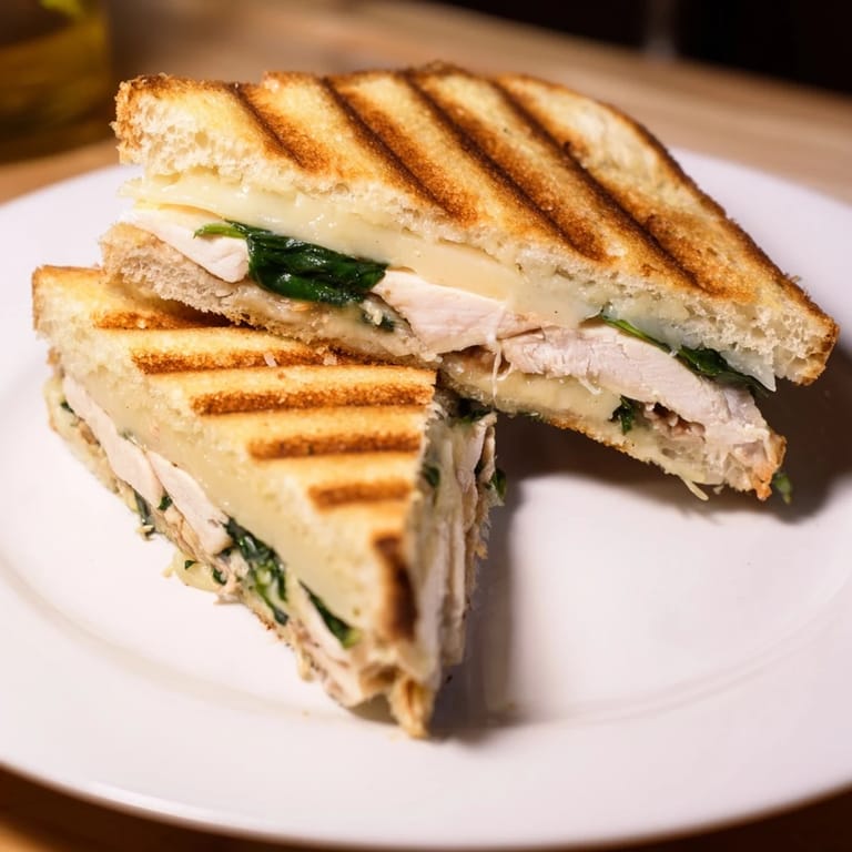 A close-up of a Grilled Chicken Spinach Panini, revealing layers of juicy chicken, vibrant spinach, and melty Parmesan on buttery bread.