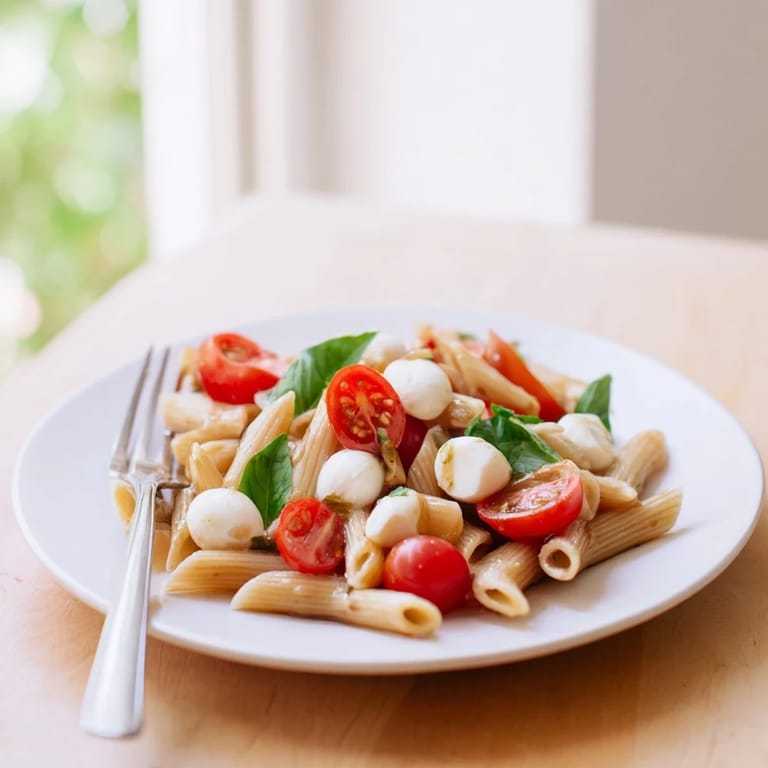 Perfect for summer picnics, this Caprese Salad Pasta features bright red tomatoes and soft mozzarella nestled in pasta.