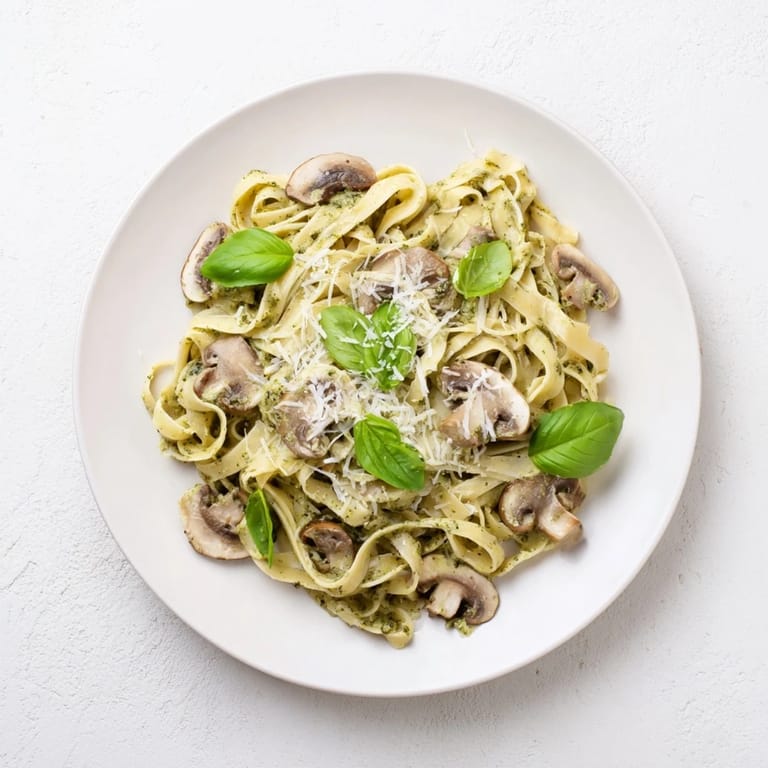 A hearty bowl of mushroom pesto pasta, served warm with extra Parmesan and a glass of white wine.