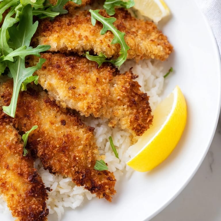 Golden Crispy Parmesan Chicken Cutlet Bowl served with fluffy rice, fresh greens, and a bright lemon wedge.