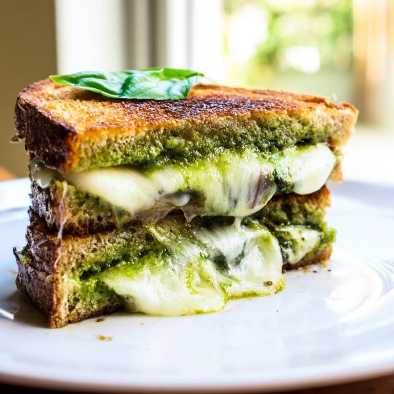 Two halves of a crispy grilled cheese sandwich reveal layers of fresh pea pesto and gooey mozzarella, served on a rustic wooden board.