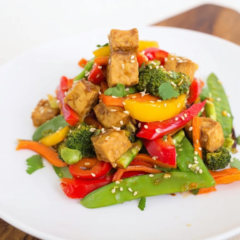 An overhead shot of a sizzling pan filled with plant-based tempeh and vegetables, tossed in a rich, umami sauce, ready for a quick weeknight dinner.