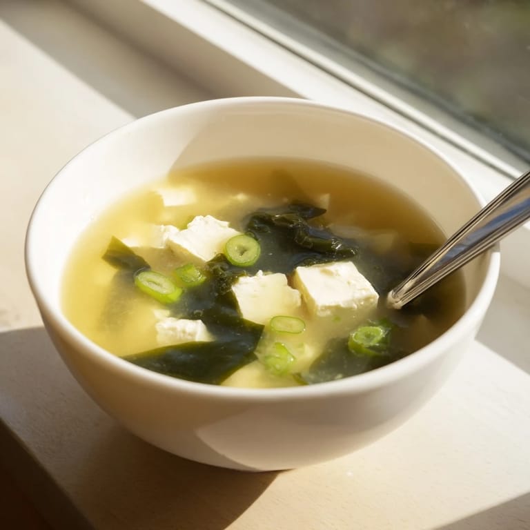 Steam rises from a bowl of Miso Soup With Tofu, highlighting the gentle contrast between soft tofu and savory miso broth.