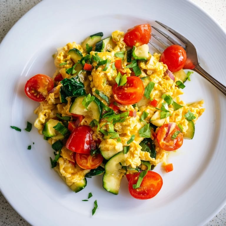 Hearty egg and vegetable scramble served alongside whole grain toast and creamy avocado slices, perfect for a nutritious American breakfast or brunch.  