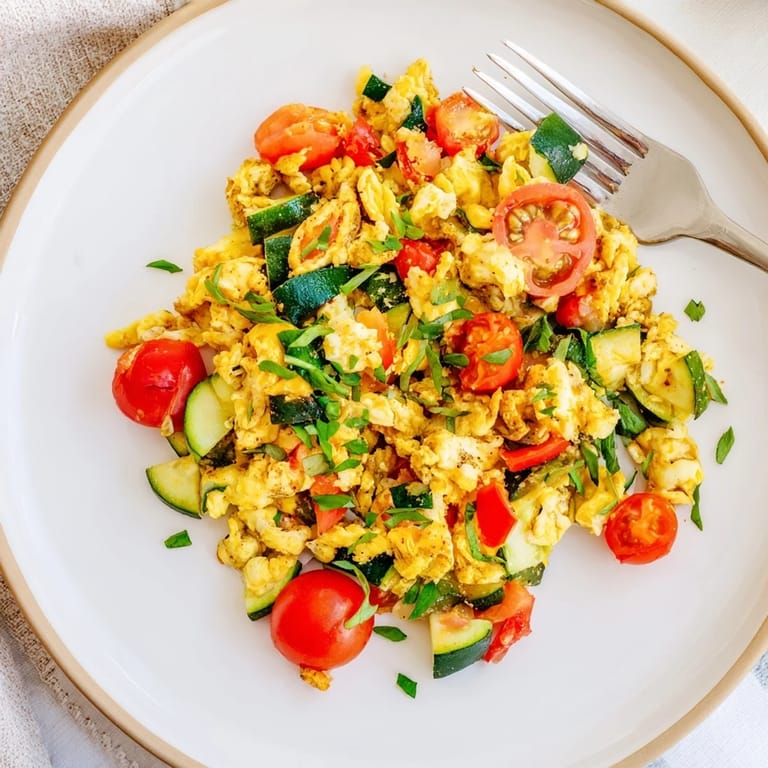 Light and fluffy egg and vegetable scramble garnished with fresh parsley, showcasing colorful zucchini and red onion in a non-stick skillet.