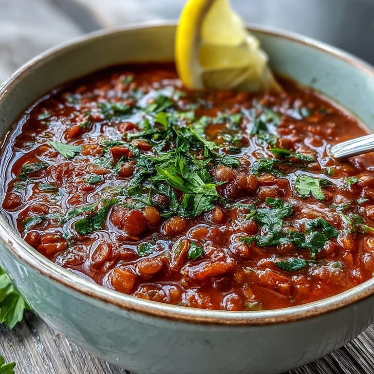 Vibrant, nourishing tomato lentil soup topped with fresh herbs, ready to enjoy on a cozy dinner table.