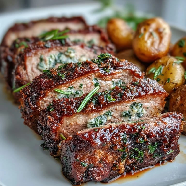 A rustic serving of one-pan roast rack of lamb and green olive potatoes, perfect for a romantic dinner for two.