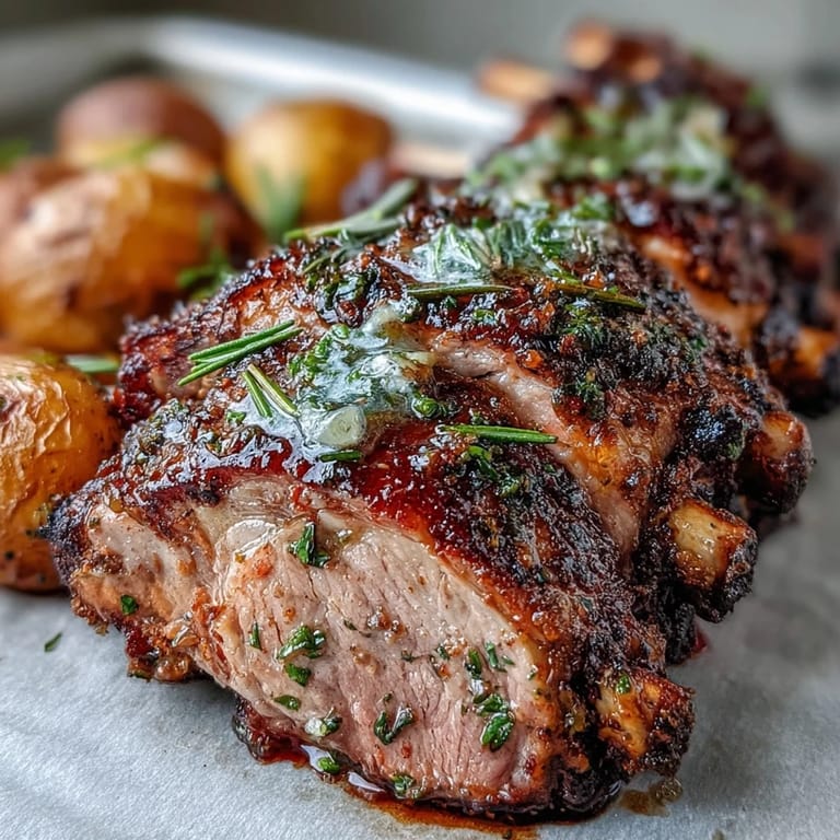Sliced one-pan roast rack of lamb is served over tender roasted potatoes topped with bright green olives and lemon zest.