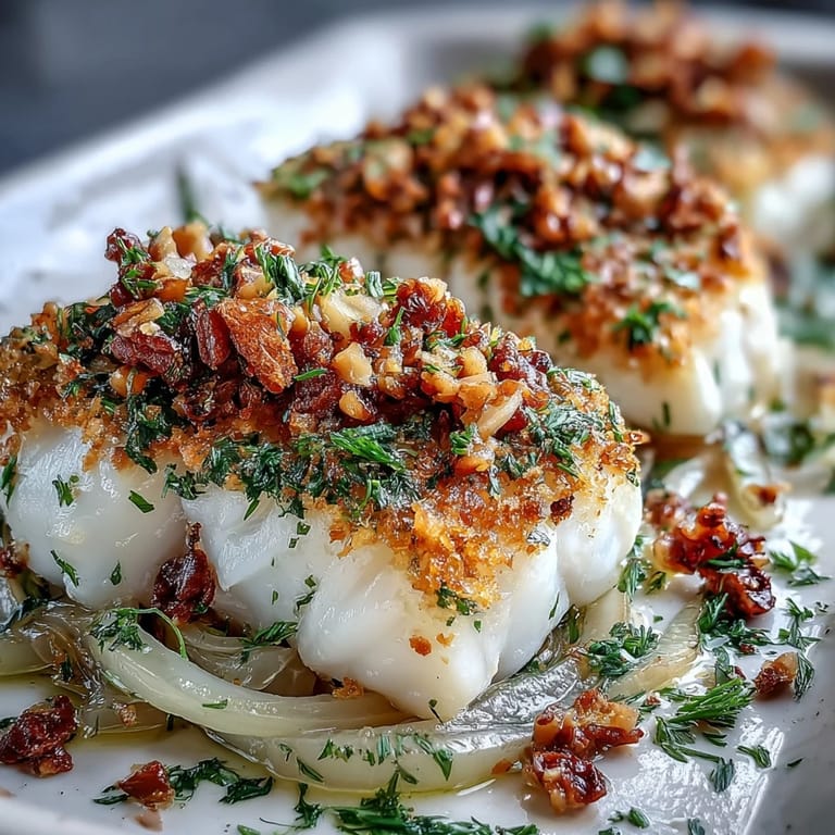 Freshly baked halibut fillet garnished with vibrant green parsley, walnuts, and zesty lemon zest toppings.