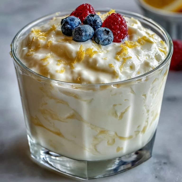 A chilled glass of Lemon Fool topped with bright berries and a buttery shortbread biscuit for a classic British dessert.  