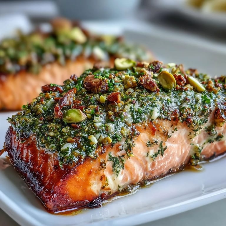 Tender Confit Salmon With Tahini, Pistachio and Herb Crust ready to serve with lemon.