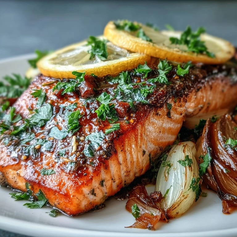 A rustic sheet pan presentation of One-Pan Roast Salmon with Leeks, Onions, and Parsley Dressing, ready to serve.