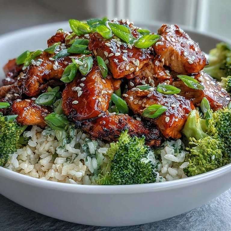 A close-up of Sweet and Spicy Turkey Broccoli Bowls, highlighting glossy turkey, bright green broccoli, and nutty brown rice glistening with honey-sriracha sauce.