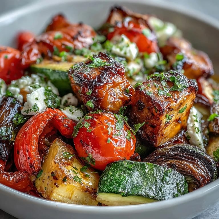 A sheet pan of Greek roasted vegetables garnished with Kalamata olives and feta, served warm as a healthy vegetarian dinner.