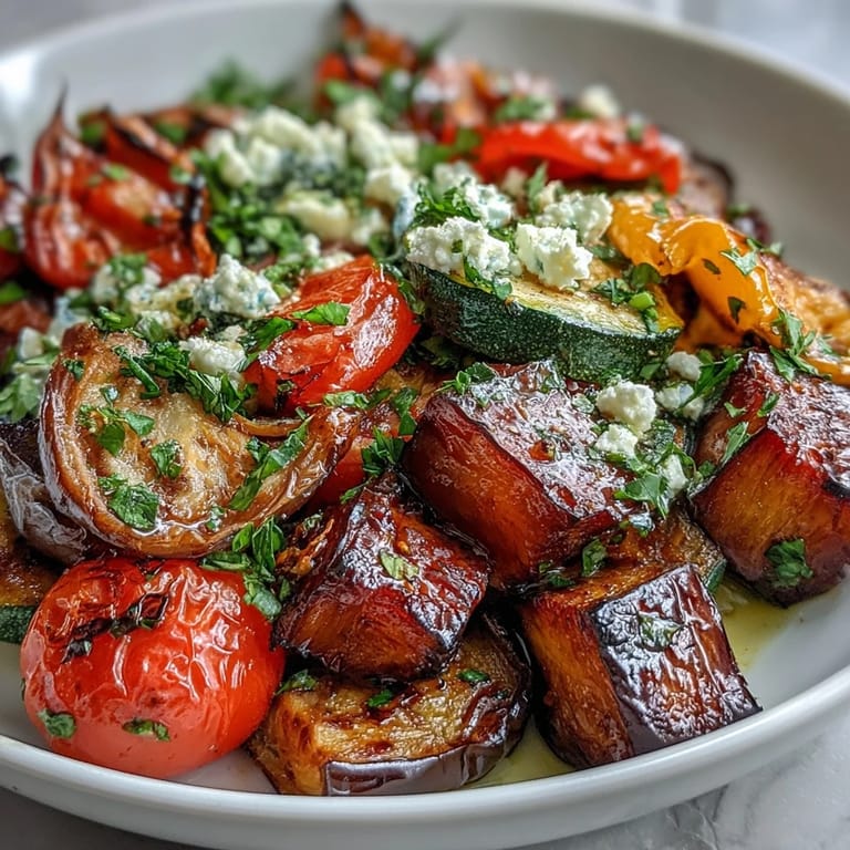 Roasted Mediterranean Greek vegetables with lemon juice and herbs, lightly caramelized on the edges, ready to serve or meal prep.