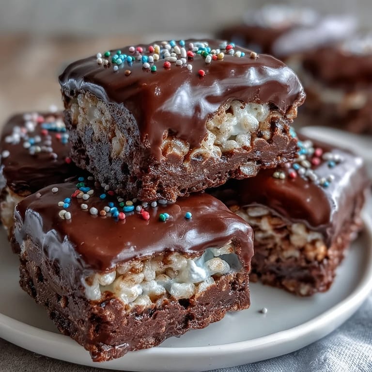 Overhead view of Chocolate Covered Rice Krispy Treats cut into bars, featuring a smooth chocolate topping and gooey marshmallow texture for a party snack.