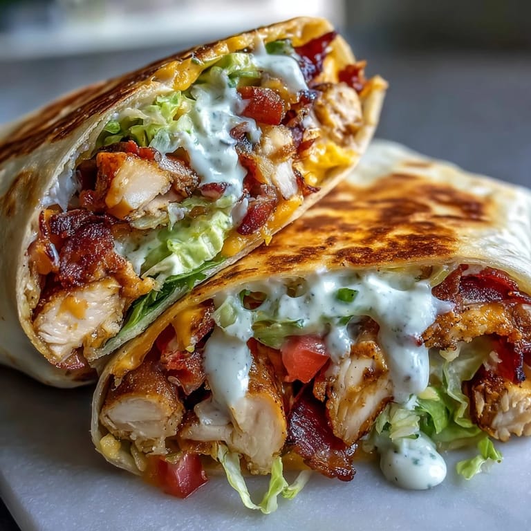 Handheld Crispy Chicken Bacon Wrap served with a creamy dipping sauce on the side, perfect for a hearty lunch or quick dinner.