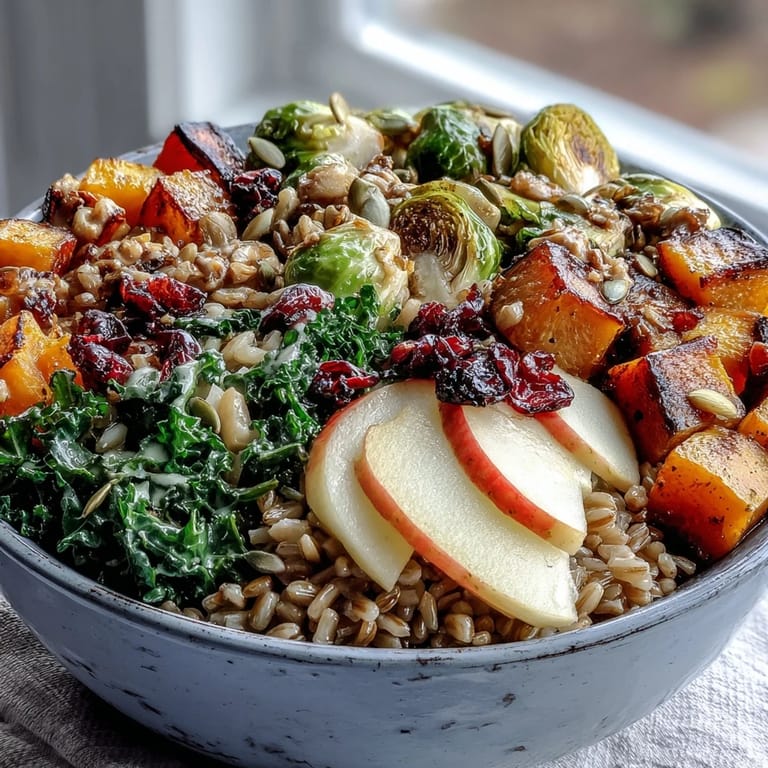 A serving of the fall vegetable bowl garnished with pumpkin seeds and dried cranberries, ready to enjoy on a rustic table.