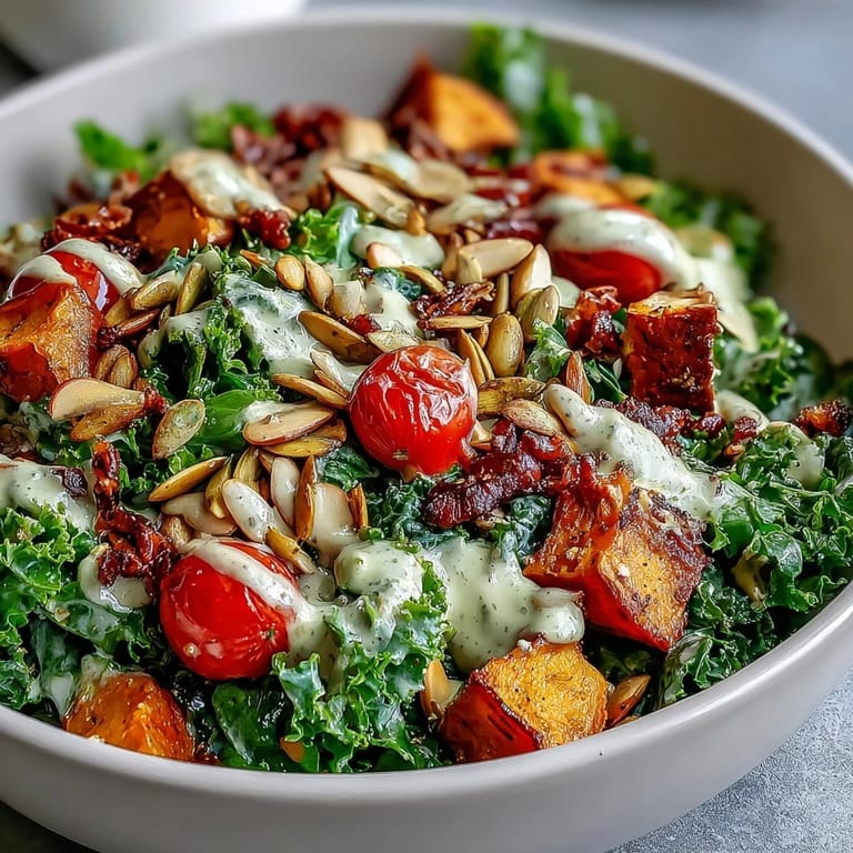 Hearty Kale Salad Bowl featuring tender greens, roasted vegetables, toasted almonds, and pumpkin seeds, drizzled with lemony tahini dressing for a nutritious meal.