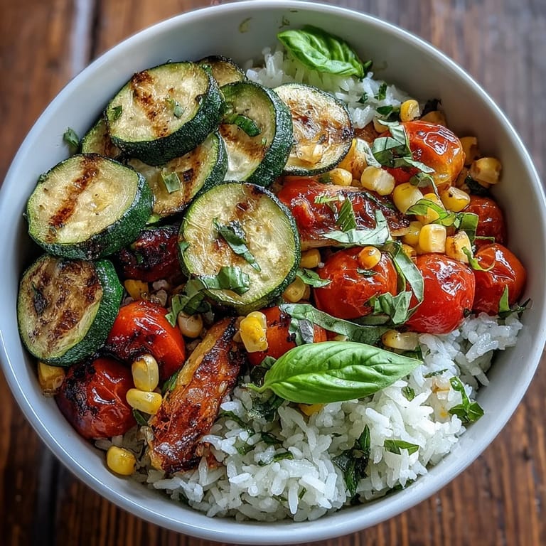 Sautéed Summer Vegetable Bowl ingredients include colorful bell peppers and sweet corn, all piled high on a bed of steaming white rice.