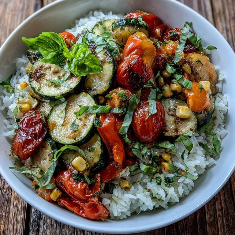 Close-up of a Summer Vegetable Bowl showing tender vegetables and fresh basil, perfect for a light, gluten-free vegetarian dinner.