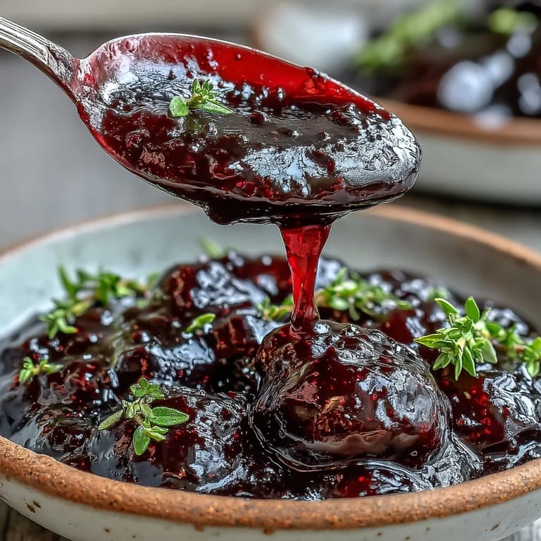 A bowl of vibrant Black Currant Glaze garnished with thyme, paired with roasted carrots and pork for a tangy-sweet pairing.