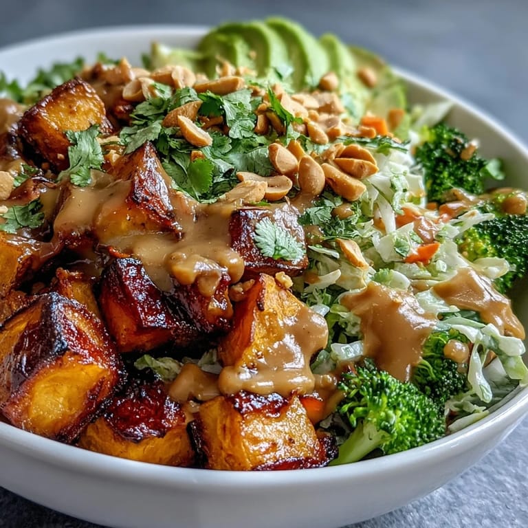 A nourishing bowl of Thai Peanut Sweet Potato Buddha Bowl, featuring golden roasted sweet potatoes, fresh veggies, and a drizzle of savory peanut sauce.