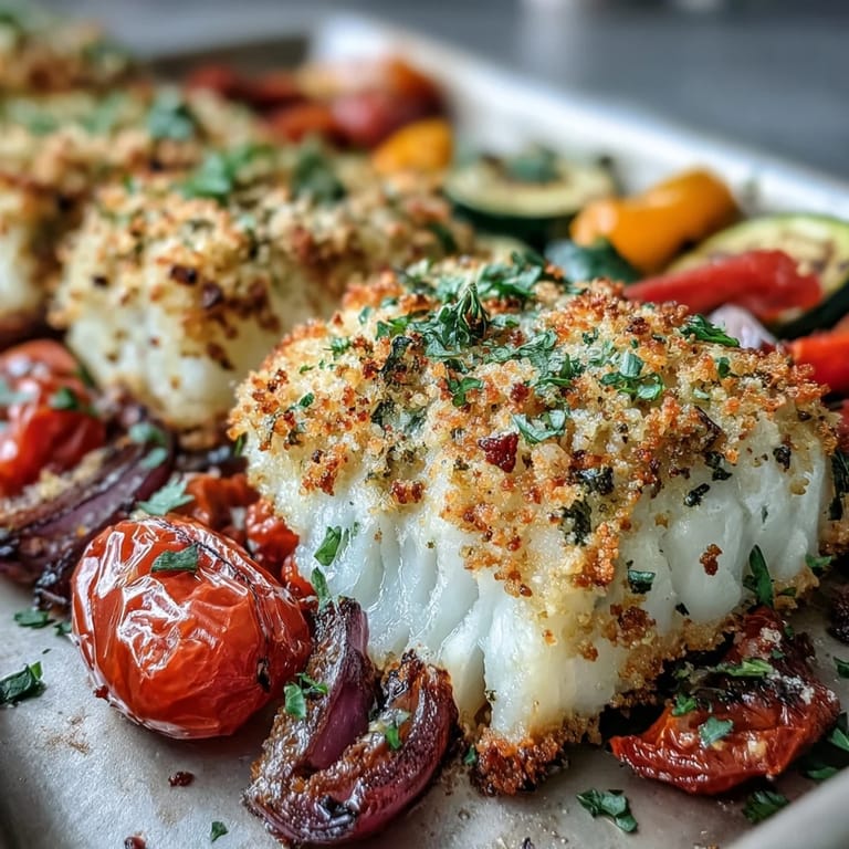 Fork-tender cod fillets with a crunchy Parmesan crust sit beside colorful roasted vegetables, served hot.