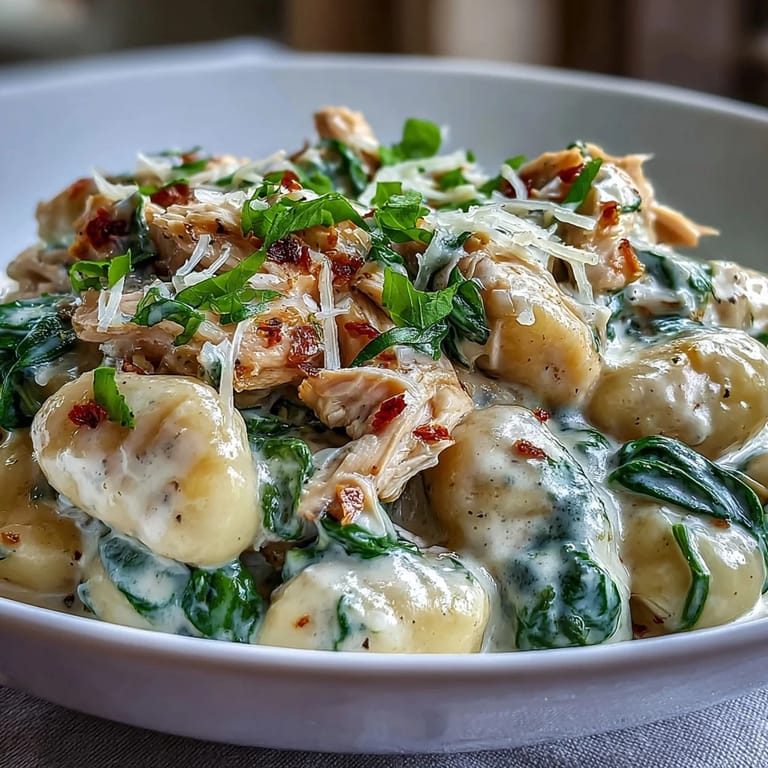 Steaming bowl of Creamy Spinach & Parmesan Gnocchi with Chicken, ready to be enjoyed as a comforting weeknight dinner.