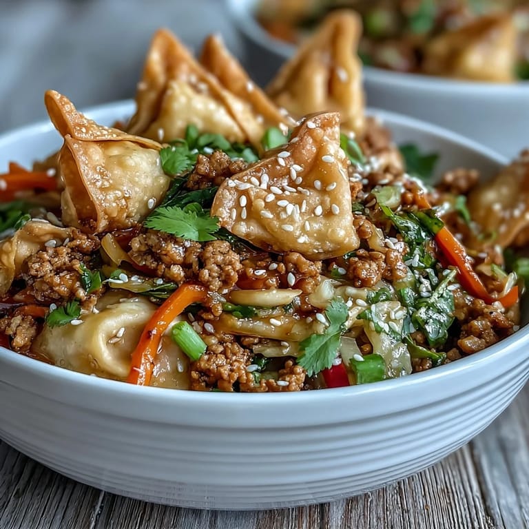 Deconstructed Ranch Turkey & Veggie Egg Roll Bowls with ground turkey, cabbage, carrots, and bell peppers in a skillet, garnished with wonton strips and sesame seeds.